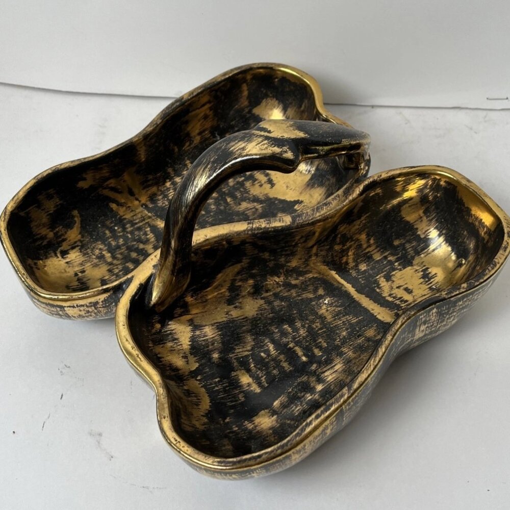 Vintage STANGL Black Gold Double Pear Bowl #3782 22K Gold MCM Pottery
